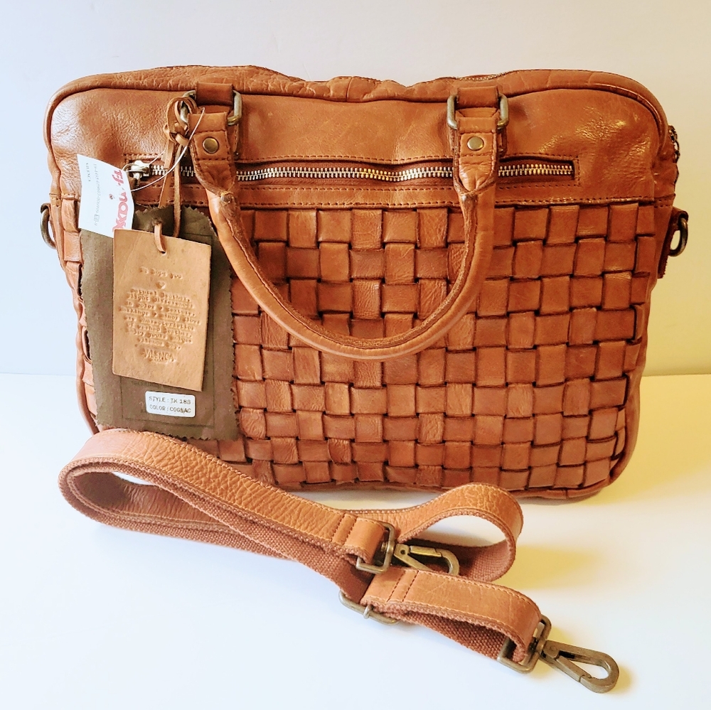 Vilenca Holland Bethany Cognac Woven Leather Satchel Tote Laptop Shoulder Bag